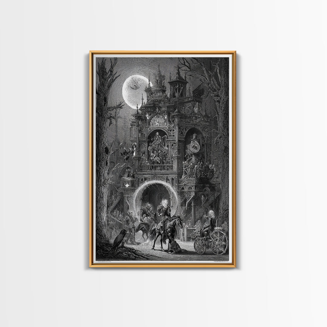 The Clockwork Haunted House, Renaissance Engraving Art, Vertical Wall Art, Macabre Wall Art, Framed Canvas Print, Halloween Wall Art