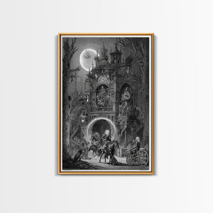 The Clockwork Haunted House, Renaissance Engraving Art, Vertical Wall Art, Macabre Wall Art, Framed Canvas Print, Halloween Wall Art
