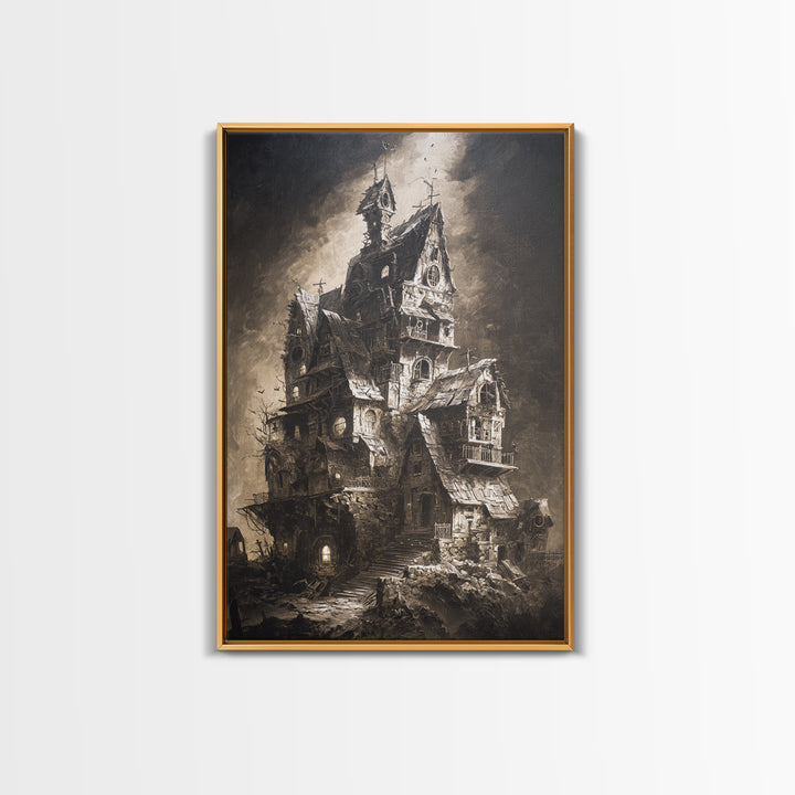 The Clockwork Haunted House, Dark Romantic Horror Art, Vertical Wall Art, Dark Fantasy Wall Art, Canvas Print, Halloween Wall Art