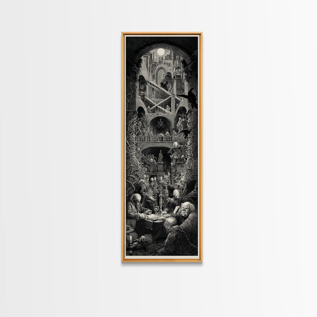 The Clockwork Haunted House, Architectural Etching Art, Tall Narrow Wall Art, Dark Halloween Decor, Canvas Print