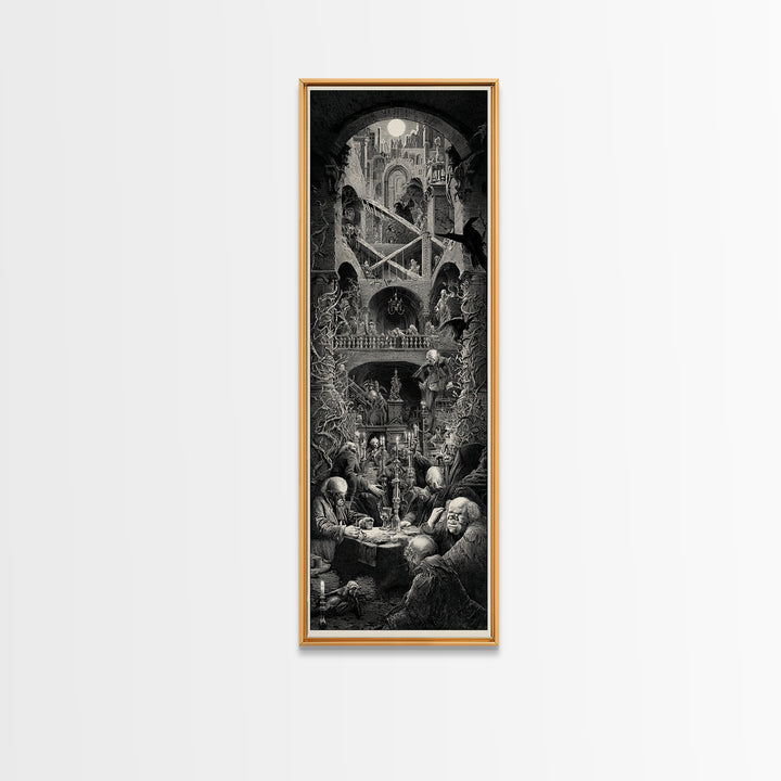 The Clockwork Haunted House, Architectural Etching Art, Tall Narrow Wall Art, Dark Halloween Decor, Canvas Print