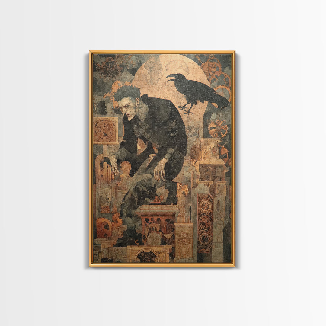 The Clockwork Haunted House, Symbolist Etching Art, Vertical Wall Art, Dark Halloween Decor, Canvas Print, Halloween Wall Art