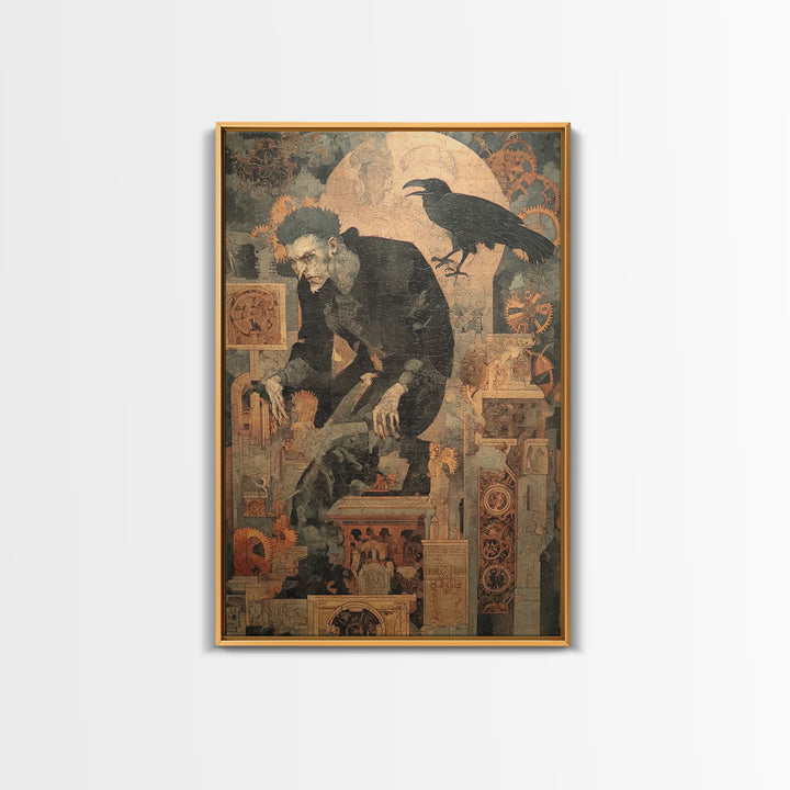 The Clockwork Haunted House, Symbolist Etching Art, Vertical Wall Art, Dark Halloween Decor, Canvas Print, Halloween Wall Art