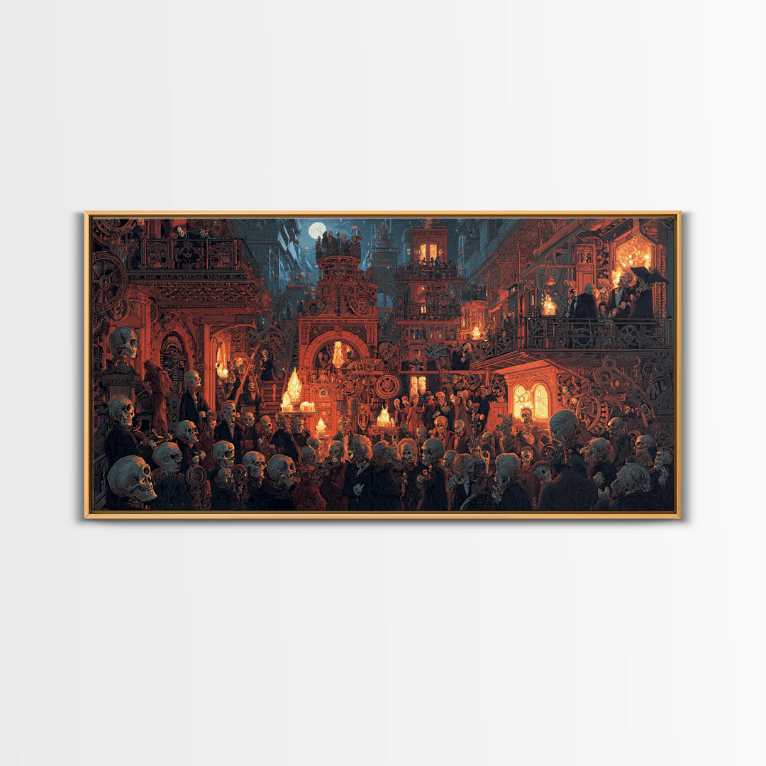 The Clockwork Haunted House, Grotesque Carnival Art, Wide Panoramic Art, Gothic Horror Wall Art, Canvas Print, Halloween Wall Art