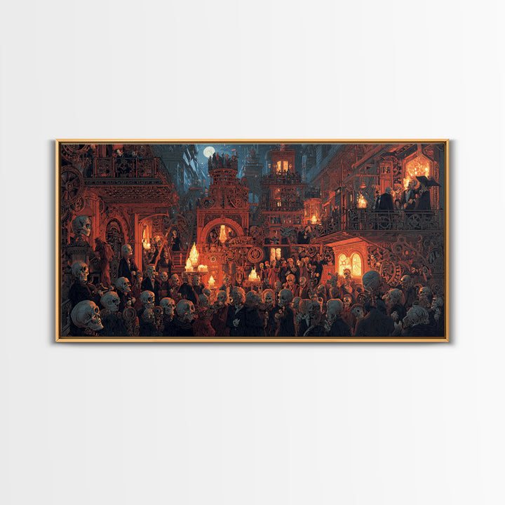 The Clockwork Haunted House, Grotesque Carnival Art, Wide Panoramic Art, Gothic Horror Wall Art, Canvas Print, Halloween Wall Art