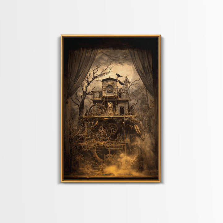 The Clockwork Haunted House, Expressionist Gothic Art, Vertical Wall Art, Dark Fantasy Wall Art, Framed Canvas Print, Halloween Wall Art