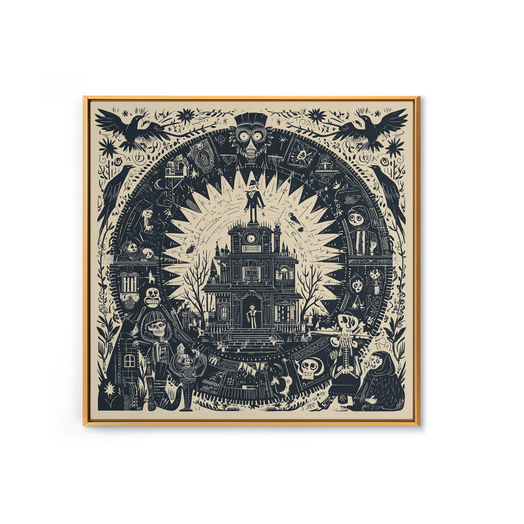 The Clockwork Haunted House, Macabre Folk Print Art, Square Wall Art, Macabre Wall Art, Framed Canvas Print, Halloween Wall Art