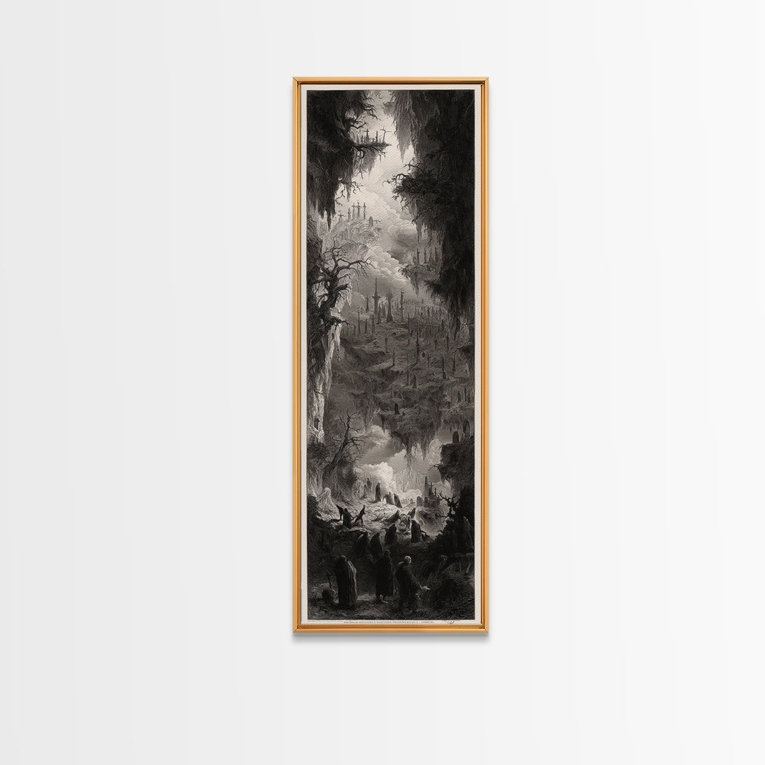 The Upside-Down Cemetery, Gothic Engraving Art, Tall Narrow Wall Art, Gothic Horror Wall Art, Framed Canvas Print, Halloween Wall Art