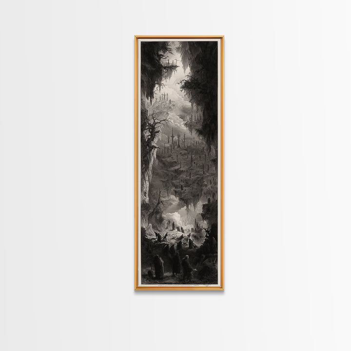 The Upside-Down Cemetery, Gothic Engraving Art, Tall Narrow Wall Art, Gothic Horror Wall Art, Framed Canvas Print, Halloween Wall Art