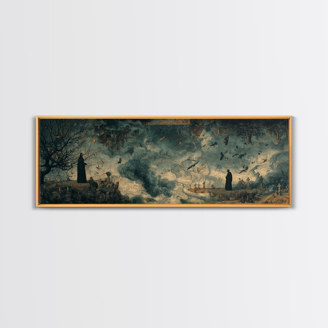 The Upside-Down Cemetery, Medieval Grotesque Art, Extra Wide Wall Art, Macabre Wall Art, Canvas Print, Halloween Wall Art