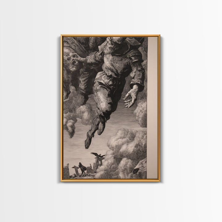 The Upside-Down Cemetery, Renaissance Engraving Art, Vertical Wall Art, Macabre Wall Art, Framed Canvas Print, Halloween Wall Art