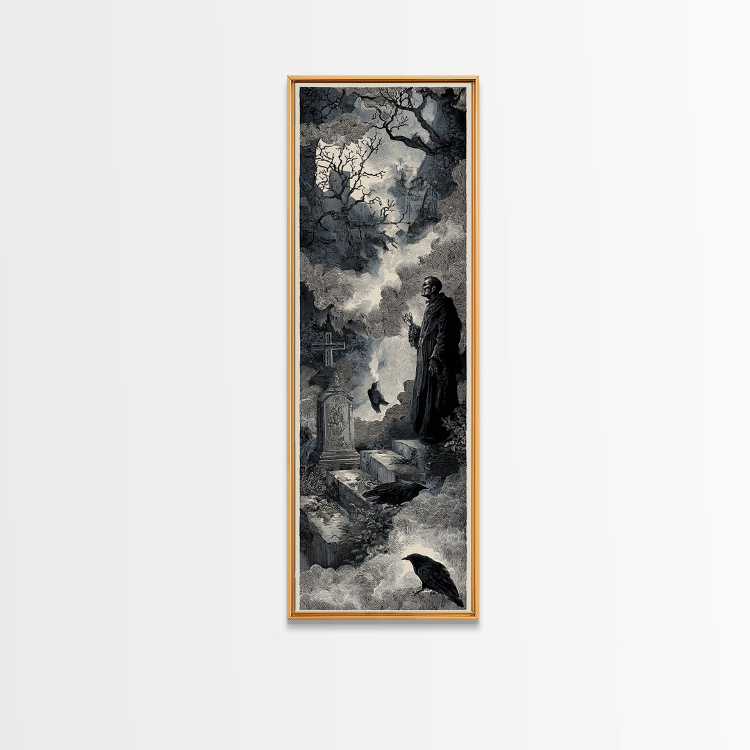 The Upside-Down Cemetery, Architectural Etching Art, Tall Narrow Wall Art, Gothic Horror Wall Art, Canvas Print