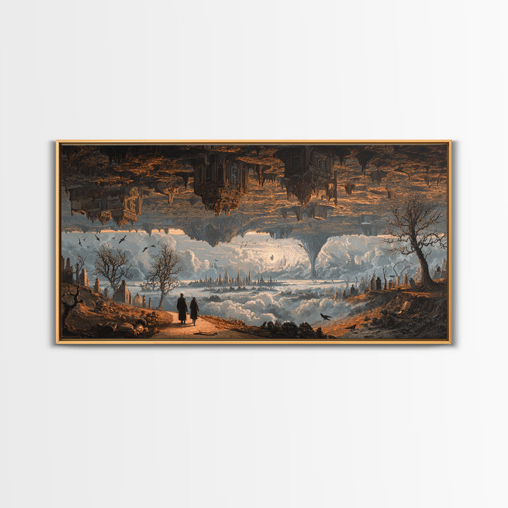 The Upside-Down Cemetery, Apocalyptic Romantic Art, Wide Panoramic Art, Macabre Wall Art, Framed Canvas Print, Halloween Wall Art