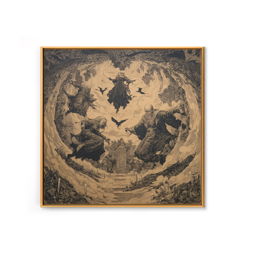 The Upside-Down Cemetery, Symbolist Etching Art, Square Wall Art, Gothic Horror Wall Art, Canvas Print, Halloween Wall Art