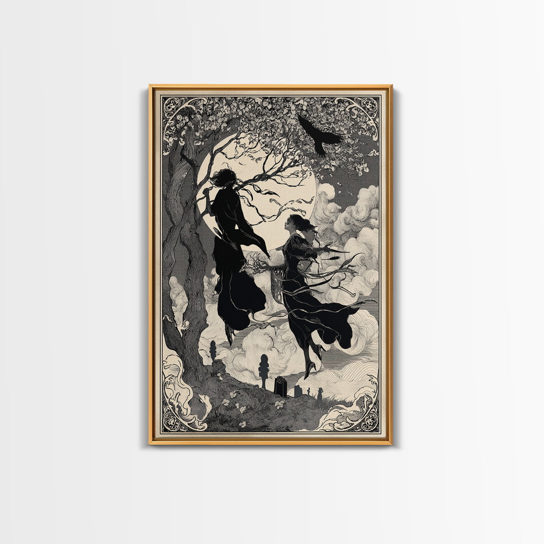 The Upside-Down Cemetery, Decadent Line Art, Vertical Wall Art, Dark Halloween Decor, Canvas Print, Halloween Wall Art