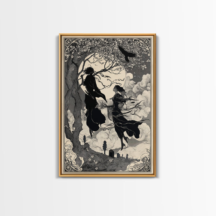 The Upside-Down Cemetery, Decadent Line Art, Vertical Wall Art, Dark Halloween Decor, Canvas Print, Halloween Wall Art