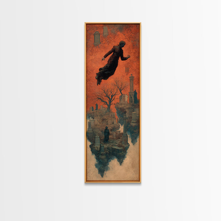 The Upside-Down Cemetery, Surreal Apocalyptic Art, Tall Narrow Wall Art, Macabre Wall Art, Canvas Print, Halloween Wall Art