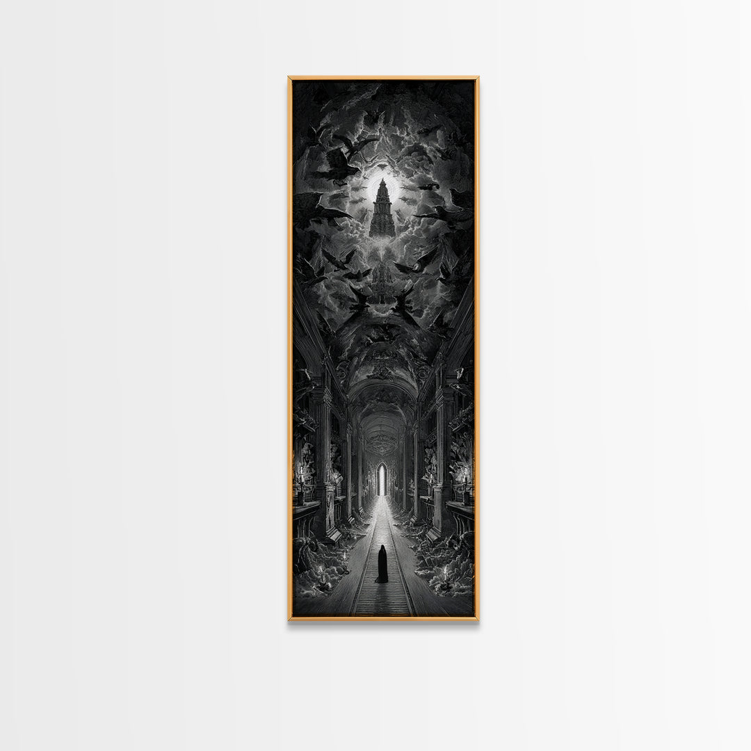 The Infinite Hallway, Gothic Engraving Art, Tall Narrow Wall Art, Macabre Wall Art, Framed Canvas Print, Halloween Wall Art