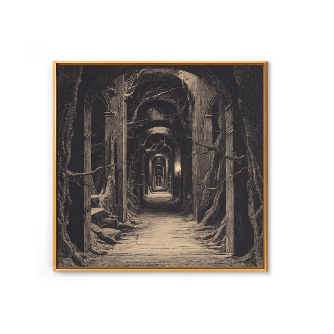 The Infinite Hallway, Expressionist Nightmare Art, Square Wall Art, Macabre Wall Art, Framed Canvas Print, Halloween Wall Art