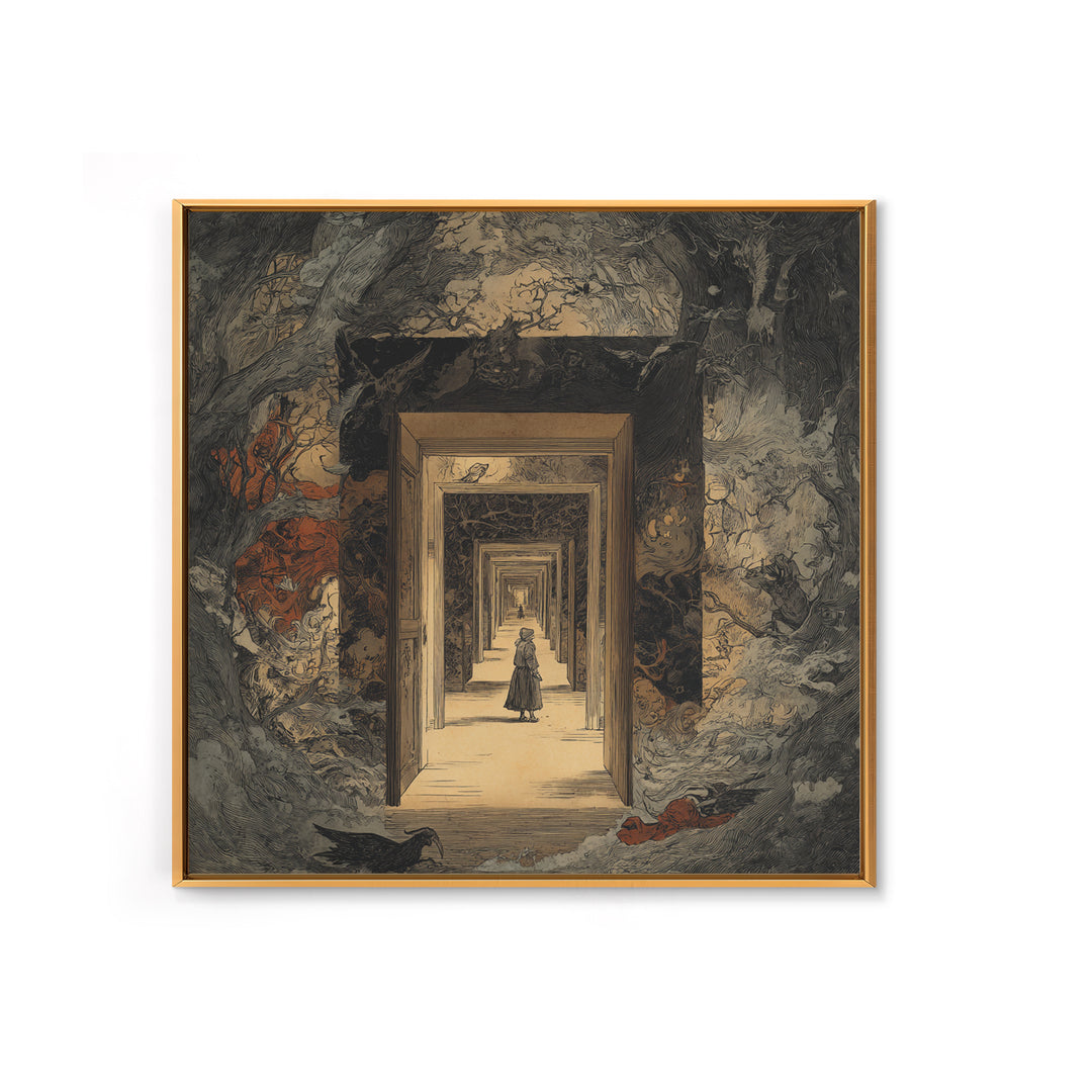 The Infinite Hallway, Gothic Storybook Art, Square Wall Art, Dark Fantasy Wall Art, Canvas Print, Halloween Wall Art