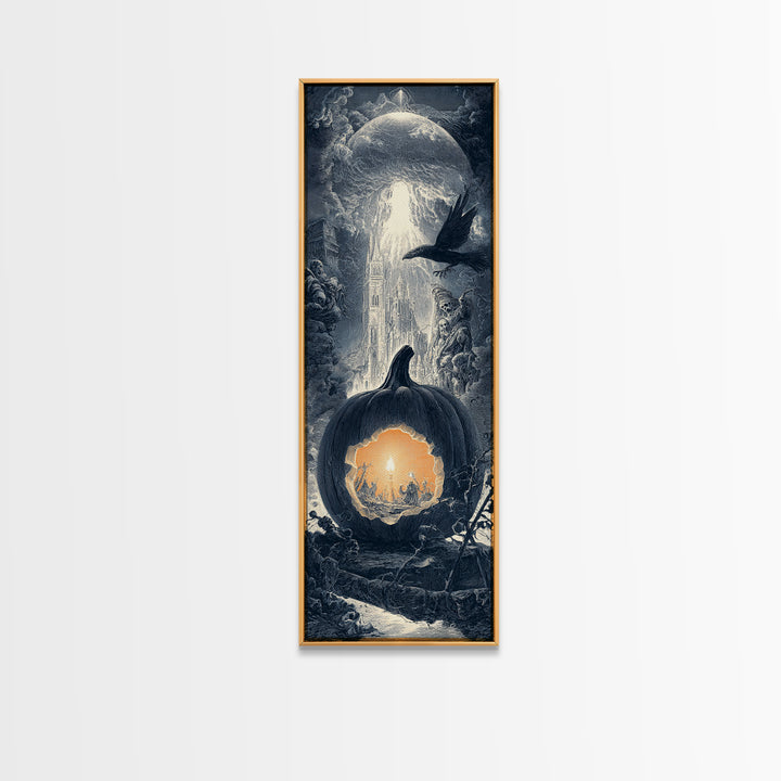 The Moon Inside A Pumpkin, Gothic Engraving Art, Tall Narrow Wall Art, Macabre Wall Art, Framed Canvas Print, Halloween Wall Art