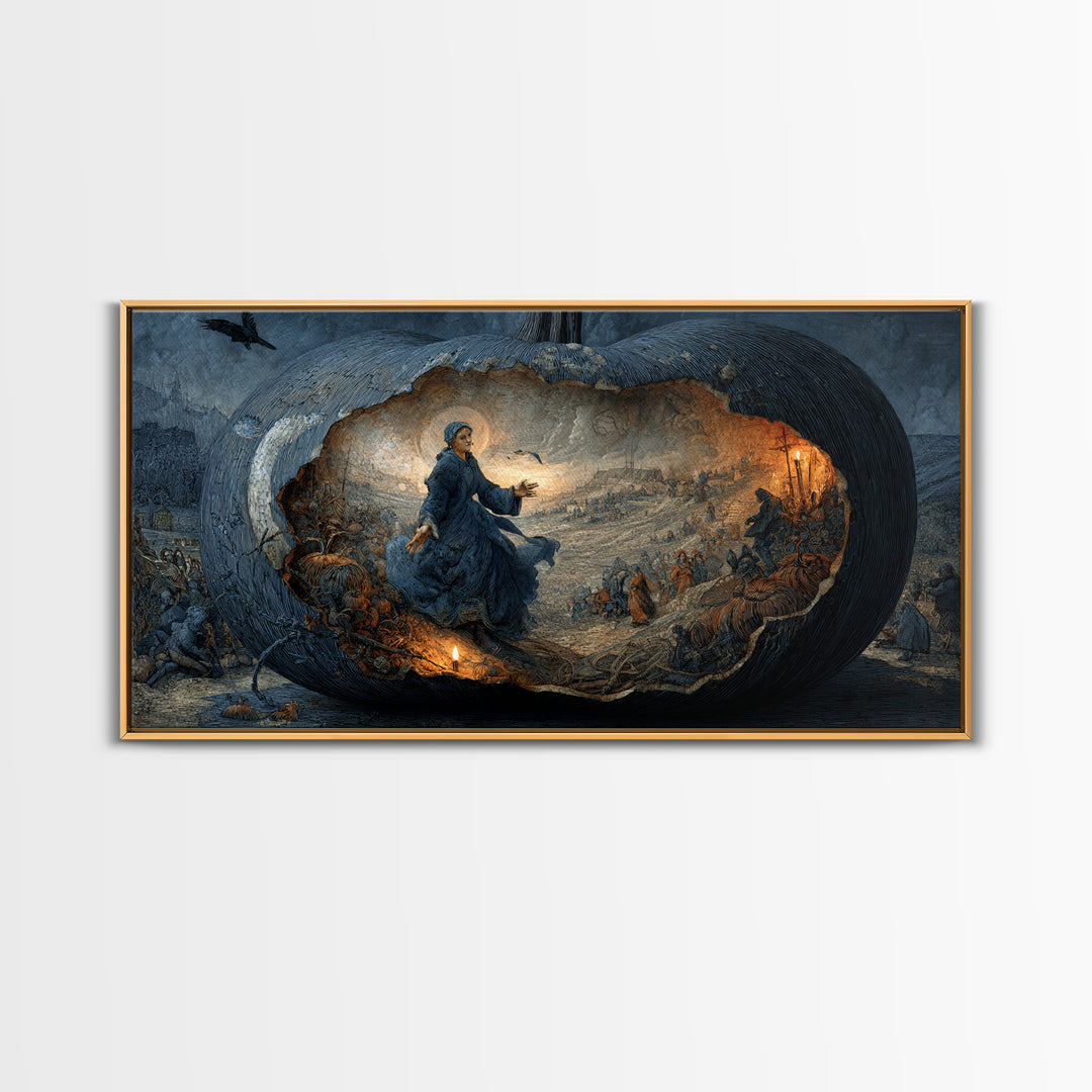 The Moon Inside A Pumpkin, Northern Renaissance Horror, Wide Panoramic Art, Dark Halloween Decor, Framed Canvas Print