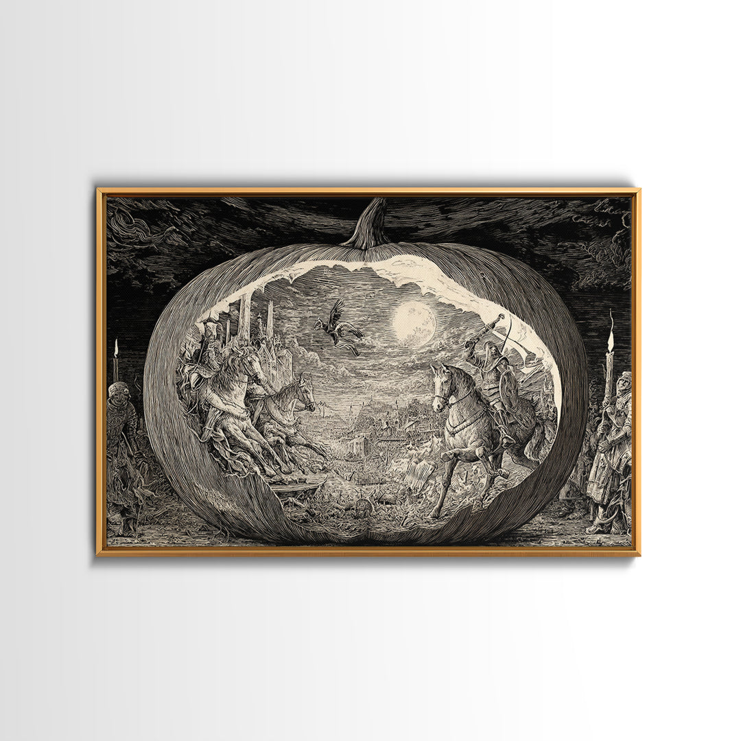 The Moon Inside A Pumpkin, Renaissance Engraving Art, Landscape Wall Art, Macabre Wall Art, Canvas Print, Halloween Wall Art