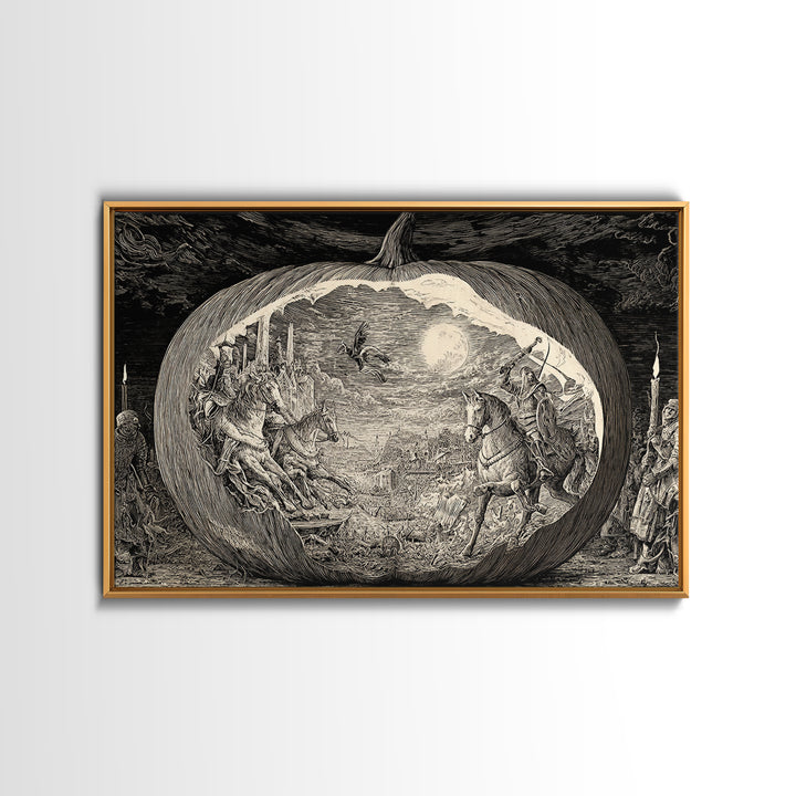The Moon Inside A Pumpkin, Renaissance Engraving Art, Landscape Wall Art, Macabre Wall Art, Canvas Print, Halloween Wall Art