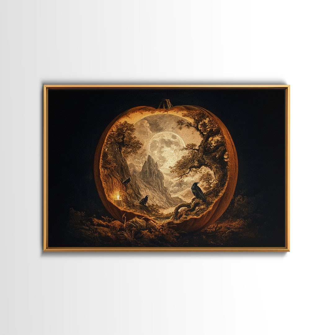 The Moon Inside A Pumpkin, Baroque Witchcraft Art, Landscape Wall Art, Dark Fantasy Wall Art, Framed Canvas Print, Halloween Wall Art