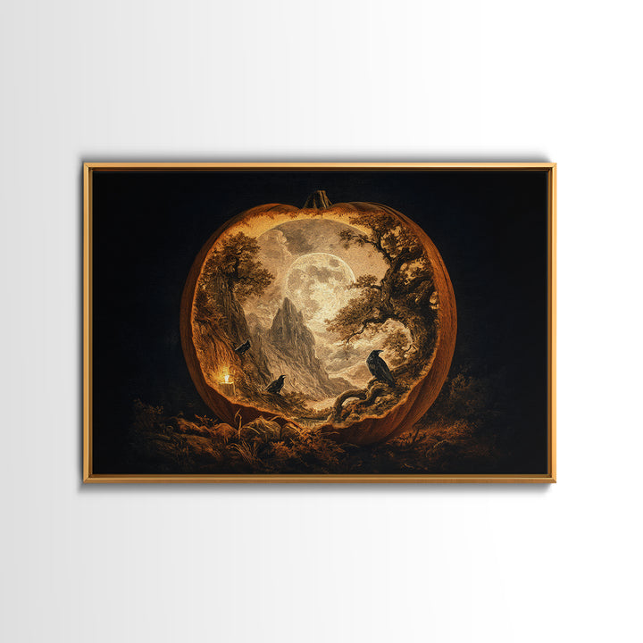 The Moon Inside A Pumpkin, Baroque Witchcraft Art, Landscape Wall Art, Dark Fantasy Wall Art, Framed Canvas Print, Halloween Wall Art