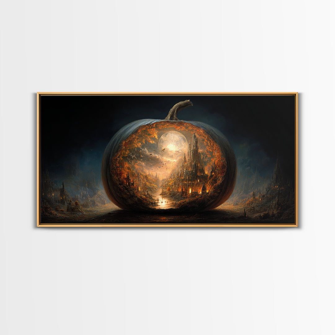 The Moon Inside A Pumpkin, Apocalyptic Romantic Art, Wide Panoramic Art, Gothic Horror Wall Art, Framed Canvas Print, Halloween Wall Art