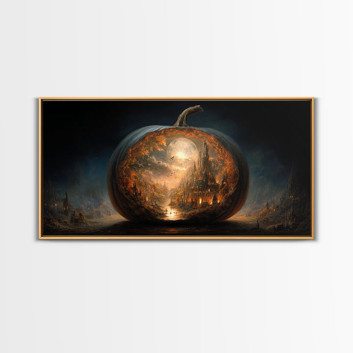 The Moon Inside A Pumpkin, Apocalyptic Romantic Art, Wide Panoramic Art, Gothic Horror Wall Art, Framed Canvas Print, Halloween Wall Art