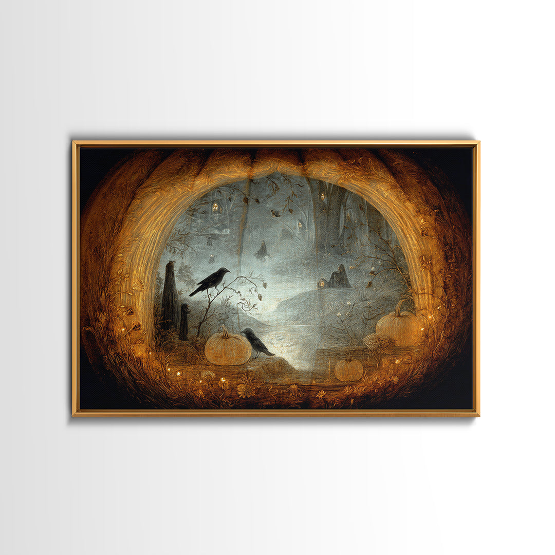 The Moon Inside A Pumpkin, Symbolist Dream Art, Landscape Wall Art, Macabre Wall Art, Framed Canvas Print, Halloween Wall Art