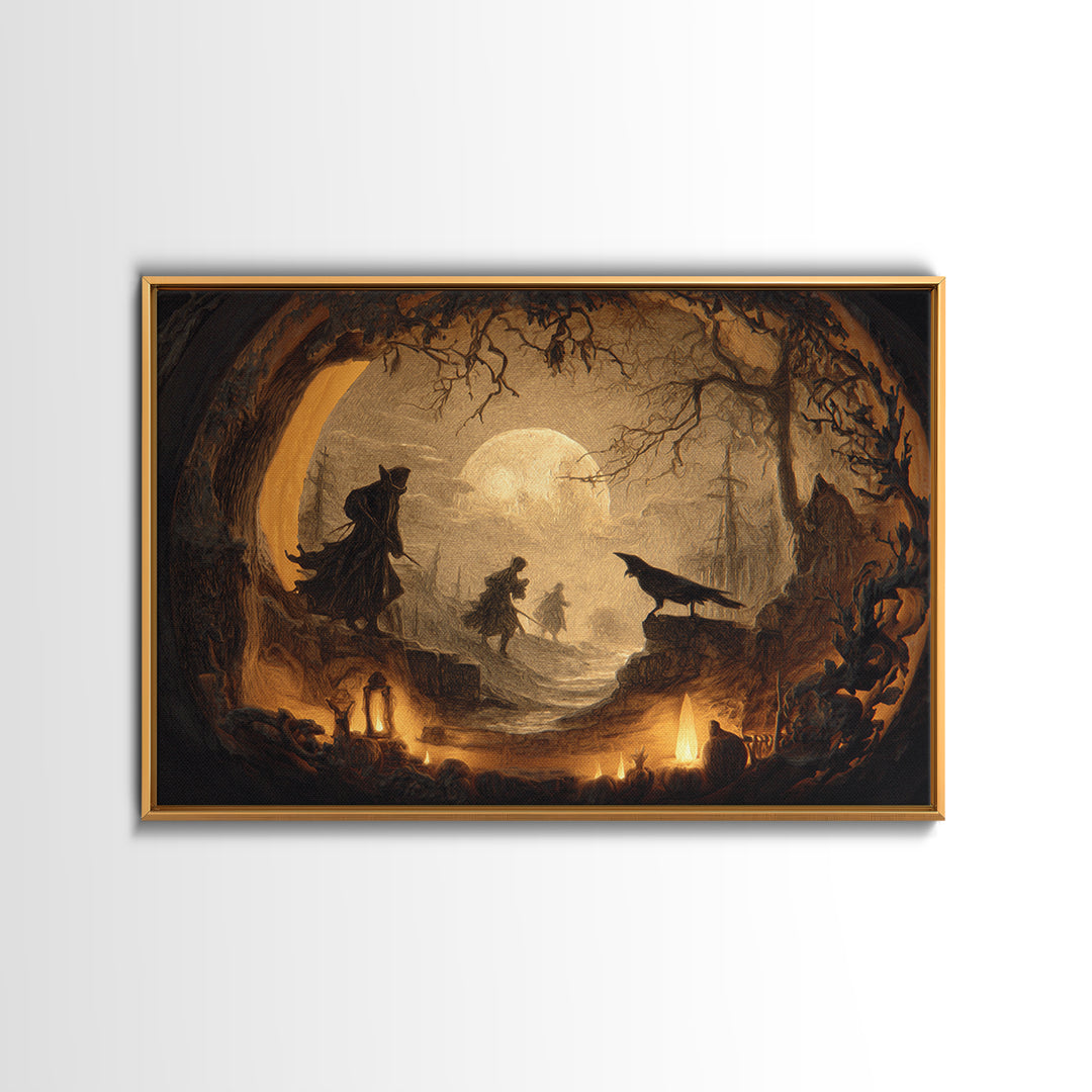 The Moon Inside A Pumpkin, Symbolist Etching Art, Landscape Wall Art, Dark Halloween Decor, Canvas Print, Halloween Wall Art