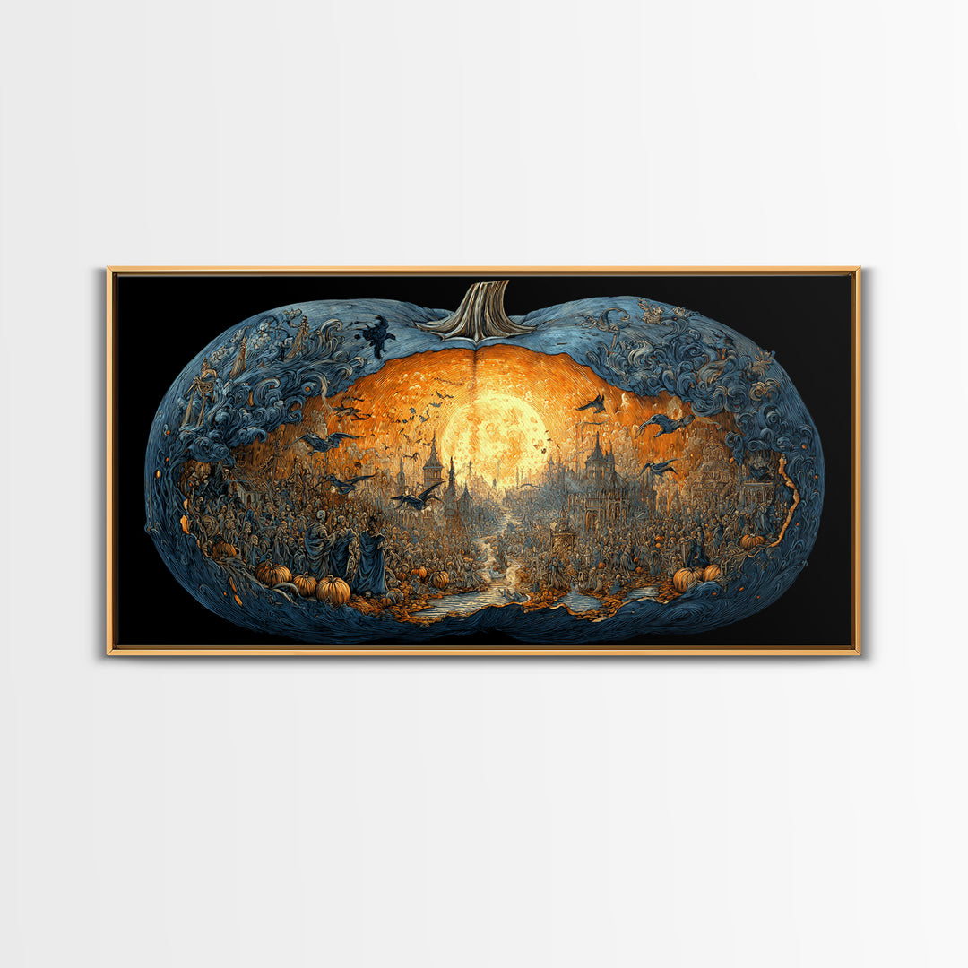 The Moon Inside A Pumpkin, Grotesque Carnival Art, Wide Panoramic Art, Dark Halloween Decor, Framed Canvas Print, Halloween Wall Art