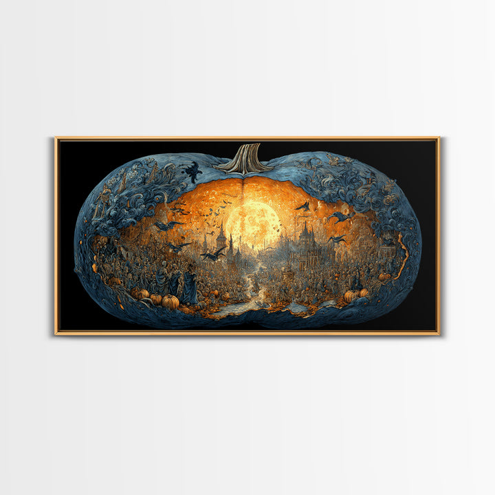 The Moon Inside A Pumpkin, Grotesque Carnival Art, Wide Panoramic Art, Dark Halloween Decor, Framed Canvas Print, Halloween Wall Art