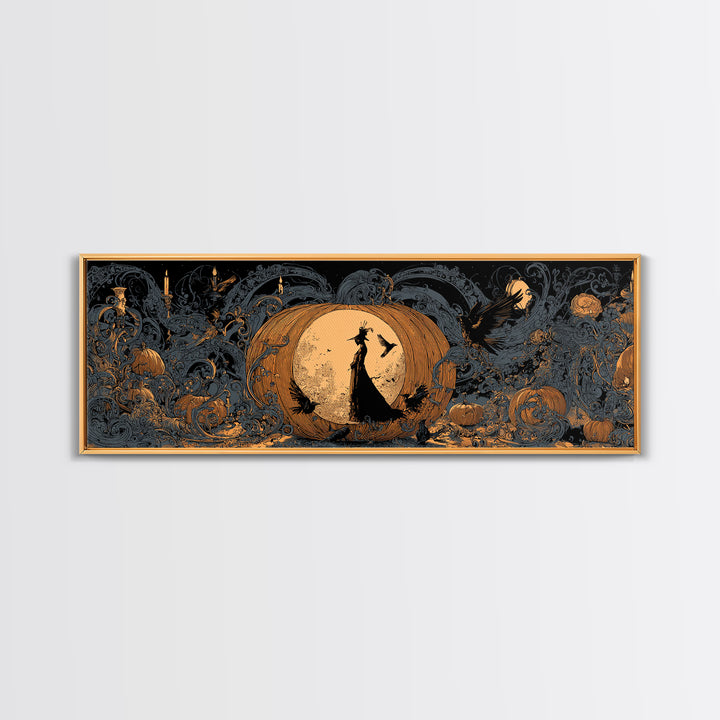 The Moon Inside A Pumpkin, Decadent Line Art, Extra Wide Wall Art, Gothic Horror Wall Art, Canvas Print, Halloween Wall Art