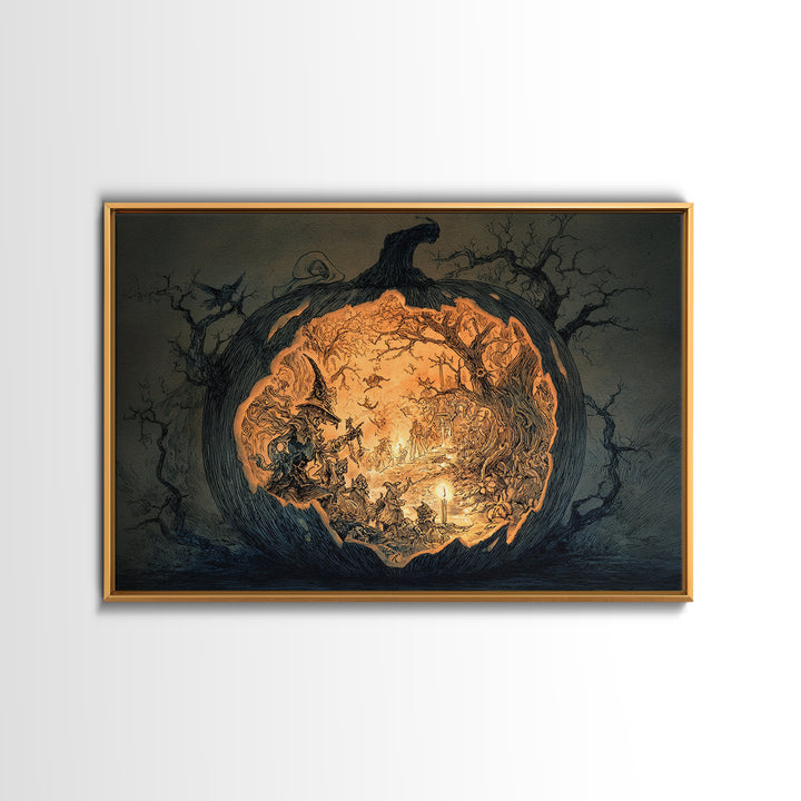 The Moon Inside A Pumpkin, Gothic Storybook Art, Landscape Wall Art, Dark Fantasy Wall Art, Framed Canvas Print, Halloween Wall Art