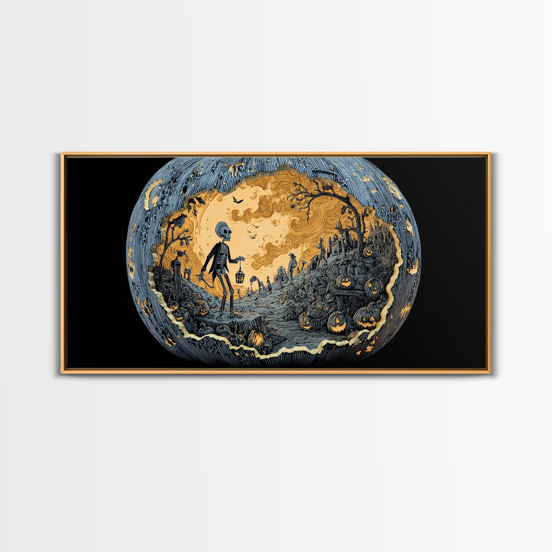 The Moon Inside A Pumpkin, Macabre Folk Print Art, Wide Panoramic Art, Macabre Wall Art, Framed Canvas Print, Halloween Wall Art