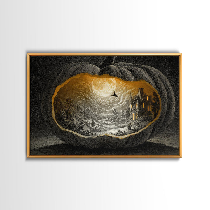 The Moon Inside A Pumpkin, Victorian Macabre Art, Landscape Wall Art, Gothic Horror Wall Art, Framed Canvas Print, Halloween Wall Art