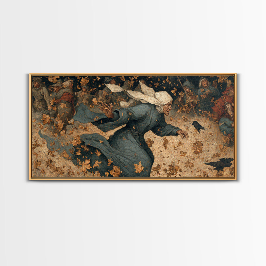 The Autumn-Leaf Ghost, Northern Renaissance Horror, Wide Panoramic Art, Dark Fantasy Wall Art, Framed Canvas Print