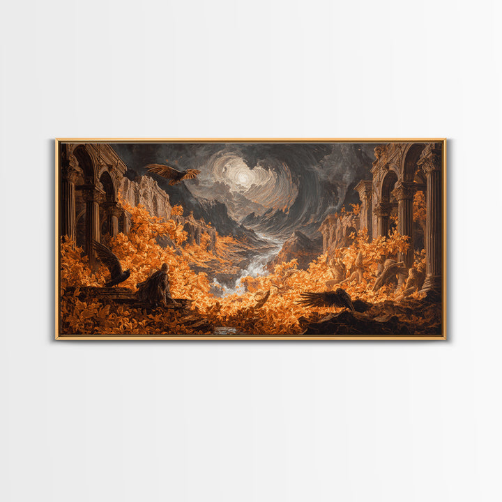 The Autumn-Leaf Ghost, Apocalyptic Romantic Art, Wide Panoramic Art, Macabre Wall Art, Framed Canvas Print, Halloween Wall Art