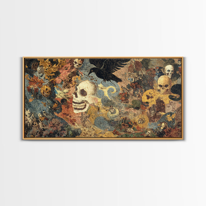 The Autumn-Leaf Ghost, Grotesque Carnival Art, Wide Panoramic Art, Gothic Horror Wall Art, Framed Canvas Print, Halloween Wall Art