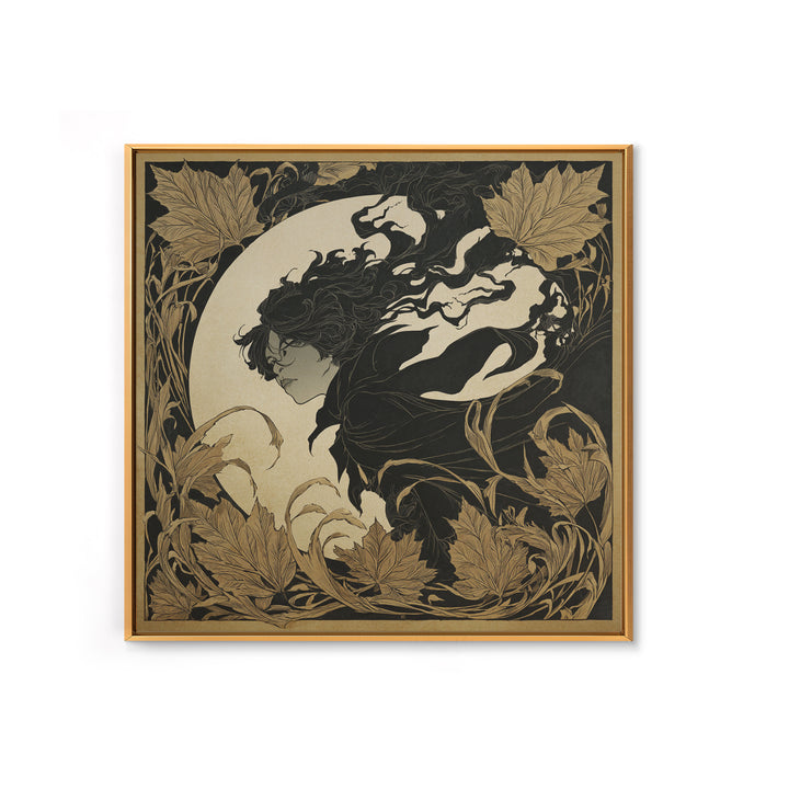 The Autumn-Leaf Ghost, Decadent Line Art, Square Wall Art, Dark Halloween Decor, Framed Canvas Print, Halloween Wall Art