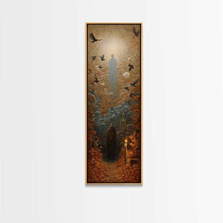 The Autumn-Leaf Ghost, Surreal Apocalyptic Art, Tall Narrow Wall Art, Dark Halloween Decor, Framed Canvas Print, Halloween Wall Art