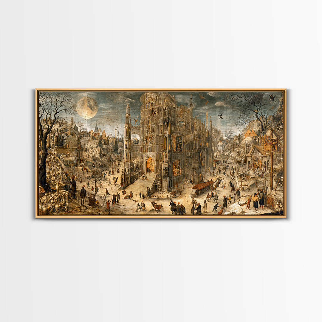 The Cathedral Of Bones, Northern Renaissance Horror, Wide Panoramic Art, Gothic Horror Wall Art, Framed Canvas Print