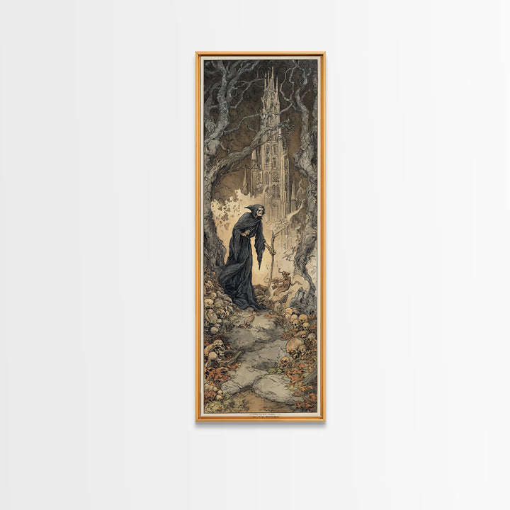 The Cathedral Of Bones, Gothic Storybook Art, Tall Narrow Wall Art, Macabre Wall Art, Canvas Print, Halloween Wall Art