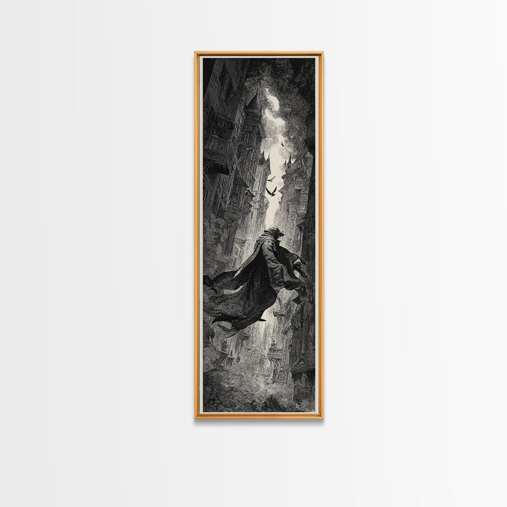 The Town Where Shadows Live, Gothic Engraving Art, Tall Narrow Wall Art, Dark Fantasy Wall Art, Canvas Print, Halloween Wall Art