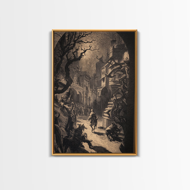 The Town Where Shadows Live, Renaissance Engraving Art, Vertical Wall Art, Dark Fantasy Wall Art, Canvas Print, Halloween Wall Art