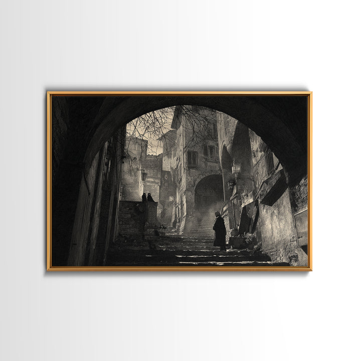 The Town Where Shadows Live, Architectural Etching Art, Landscape Wall Art, Dark Halloween Decor, Canvas Print